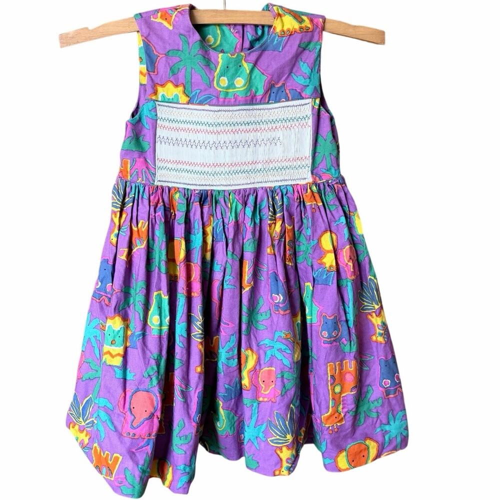 Vintage Hand made girls size 6 purple animal print dress sleeveless zoo safari